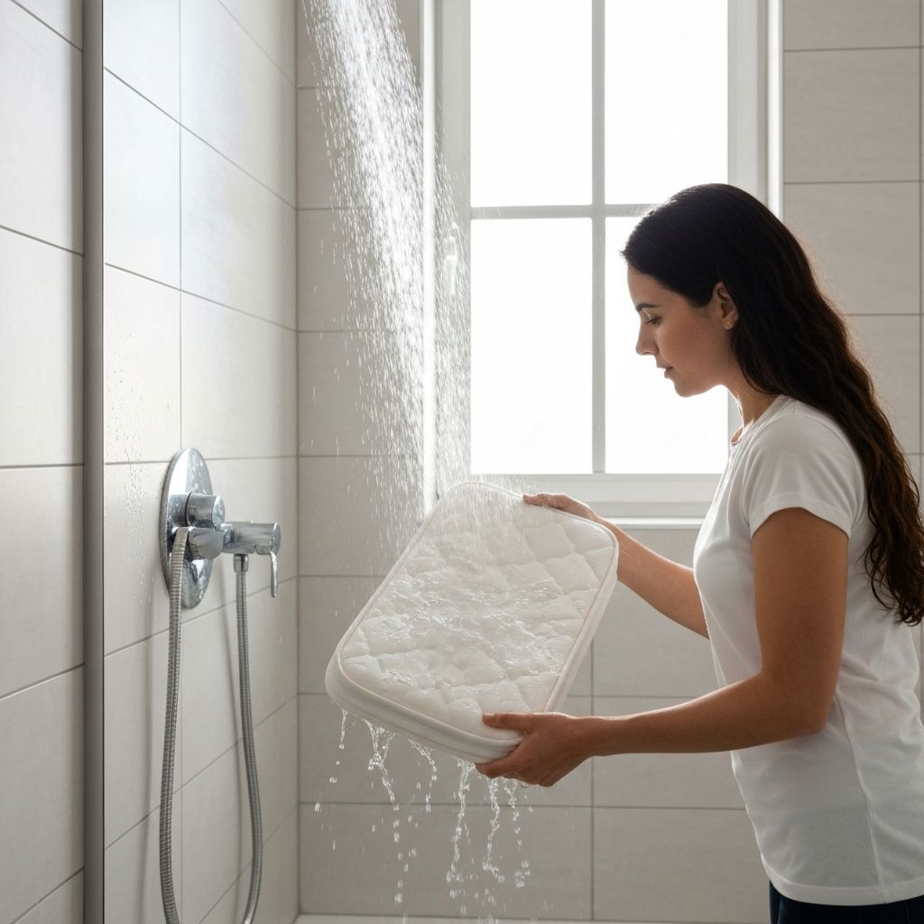 Parent rinsing Newton Wovon-Air core under running water to fully wash the mattress